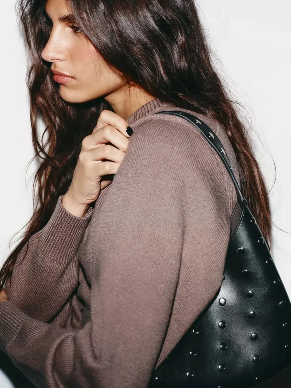 Zara Faux Leather Black Studded Shoulder Bag with Detachable Pouch